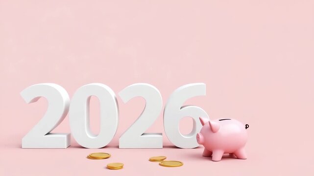 With white numbers 2026 beside a piggy bank and scattered coins on pink background. Symbolizing savings, finance planning and economic growth concept of banking, investment, business.