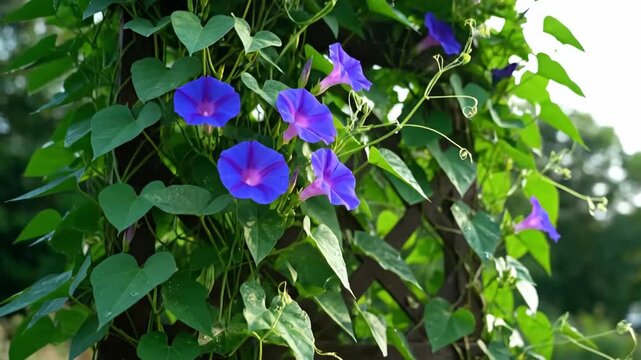 Morning Glory flowers climbing a wooden trellis outdoors