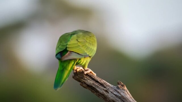 Green parrot perched on a branch selective focus wildlife nature background
