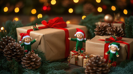Festive elves and wrapped gifts in a cozy christmas setting with pine cones and twinkling lights
