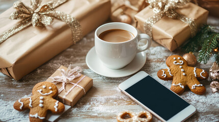 Christmas gift with hot coffee cup, wrapped present, gingerbread cookies, and smartphone on a festive table. concept of holiday celebration, cozy winter atmosphere, christmas decor, copy space