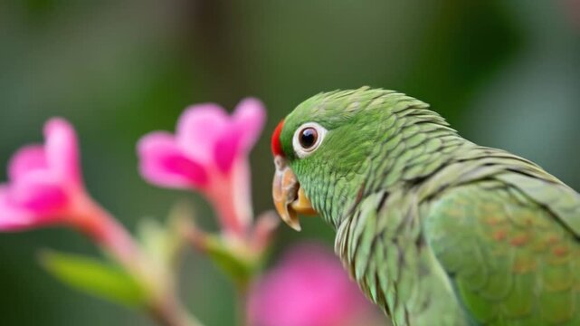 Green parrot with red accents near pink flowers on a blurred background