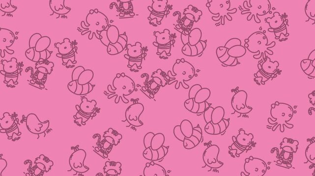 Adorable hand-drawn animal pattern on pink background perfect for kids' products, cute backgrounds, and whimsical designs bringing joy and fun