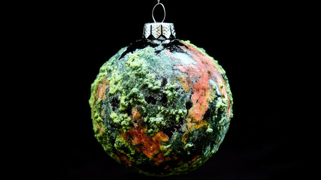 Festive yet spooky, a Christmas ornament overtaken by vibrant green mold A unique and unsettling holiday image, perfect for Halloween or gothic-themed projects , non-edible, bacteria - Powered by Adobe