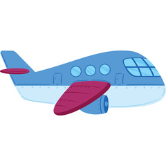 Blue Passenger Airplane with Purple Wings and Tail on a White Background Minimalist Design