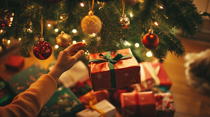 a person is seen reaching for presents under a christmas tree adorned with lights and baubles