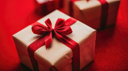 Christmas presents adorned with red ribbons on a vibrant red surface.