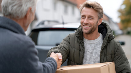 Random act of kindness: man assisting stranger in lifting box into car on a candid day