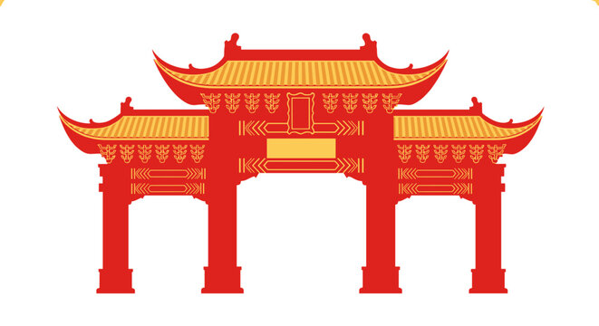 Chinese temple gate vector for New Year travel poster and Asian cultural event branding design