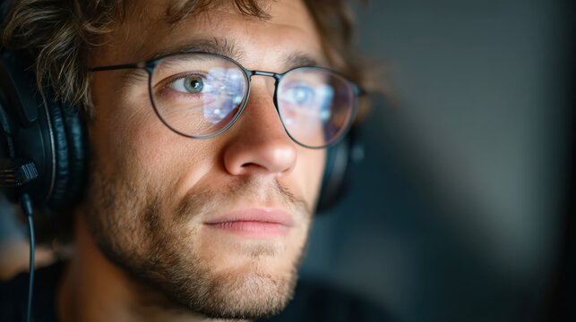 Focused sound engineer monitoring live recording session with headphones