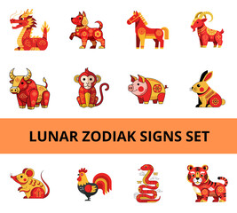 Chinese lunar zodiac signs vector set for horoscope calendar and new year greeting card design