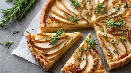 Delicious pear tart with rosemary and honey for gourmet desserts and baking inspiration