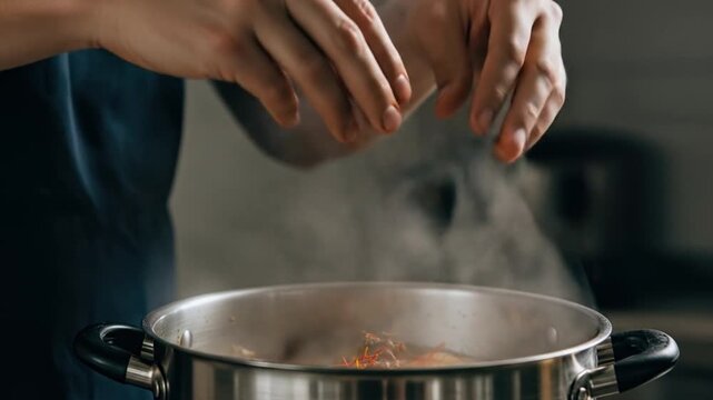 Hands sprinkle spices into a steaming cooking pot in a kitchen setting