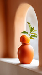 Citrus harmony: orange with leaves in elegant architectural alcove