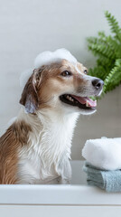 Dog enjoying a spa experience with relaxing grooming session in bath setting