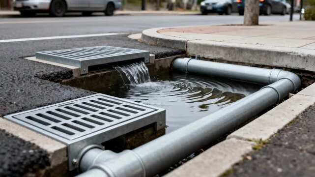 Medium shot of urban stormwater drainage system showcasing modern underground pipes and grates integrated into city streets for effective rainwater management.