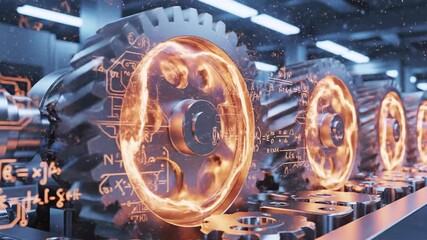 Futuristic rendering of rotating gears, with glowing cores, overlaid with equations and circuit lines - Powered by Adobe