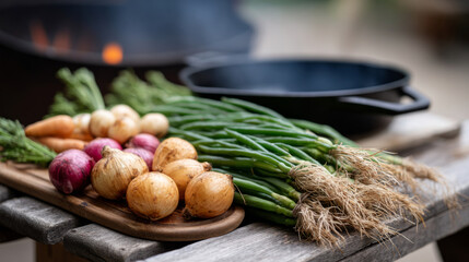 Fresh vegetables next to open fire cooking scene at market setting