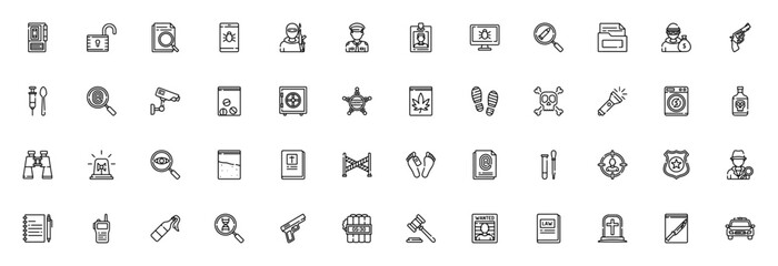 Crime Investigation icon set. Vector illustration. Icludes symbols for detectie, fingerprint, police, gu, dna, evidence, laborator, security and more.