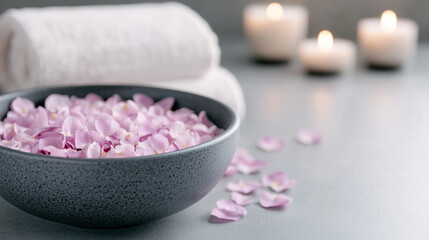 Relaxing spa setting with pink petals in bowl and lit candles