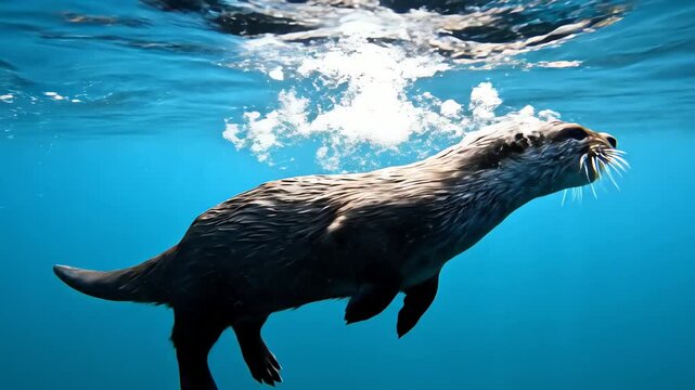 Adorable river otter swims gracefully beneath the water's surface with streaming sun rays
