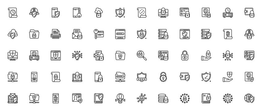 Data protection icon set. Minimal vector icons pack.Includes symbols for GDPR,shield, encrypted, cloud, ault, security, profile, dtabase and more.