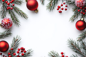 Festive Christmas frame with frosted pine branches, red ornaments, and berries, perfect for holiday greetings and seasonal decorations.