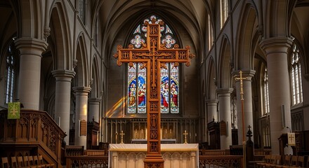 Obraz premium Interior View of a Church with Cross and Stained Glass.