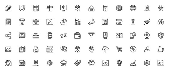 Marketing & SEO icon set. Vector business icons pack Includes symbols for link analytics, web design, serch engine, online shop, cding, cloud computing and ore. Editable stroke.