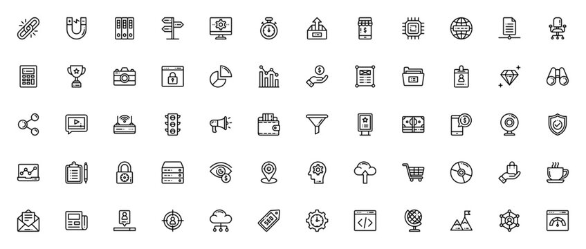 Marketing & SEO icon set. Vector business icons pack Includes symbols for link analytics, web design, serch engine, online shop, cding, cloud computing and ore. Editable stroke.