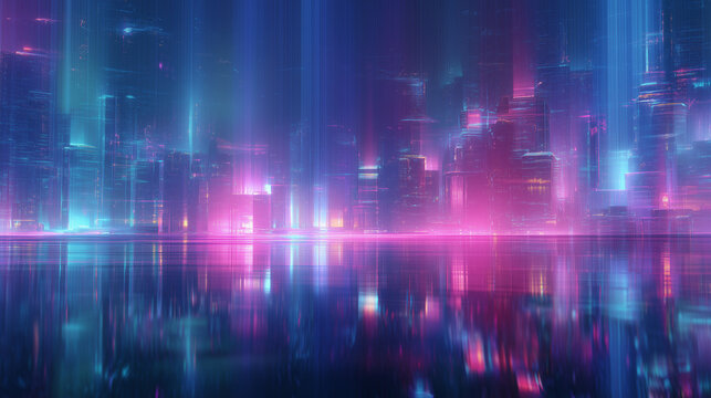 Abstract neon cityscape with reflections in water at night