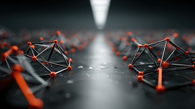 Abstract network structures with red nodes and dark background receding into the distance.