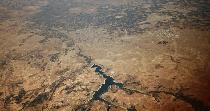 View From Airplane Window On Karaman City And Godet Dam, Turkey. Karaman, Historically Known As Laranda City. Located In Central Anatolia. Aerial View From Airplane. Travel Concept