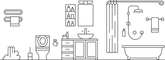 Modern bathroom interior illustration, minimalist restroom design, toilet and bathtub line art, hygiene accessories, bathroom furniture, home decor vector graphic