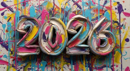 Fototapeta premium Vibrant 3D numbers '2026' with a colorful paint splatter background, symbolizing the new year.