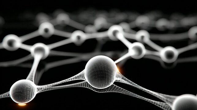 Molecular structure representation with interconnected spheres and lines against a dark background.