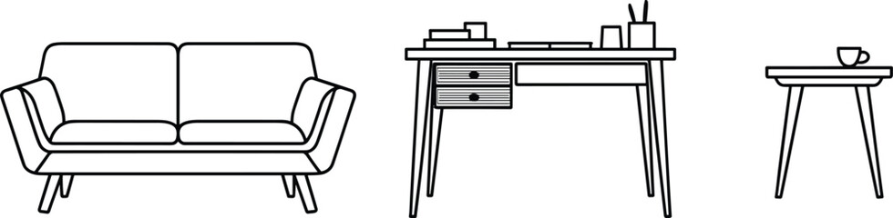 Modern living room furniture, minimalist sofa, stylish office desk, coffee table, interior decor, workspace inspiration, contemporary home design, Scandinavian style