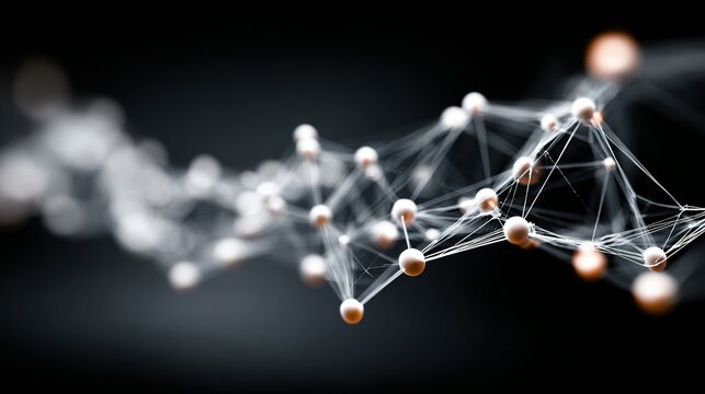 Abstract network of connected nodes with blurred background, white and brown colors.