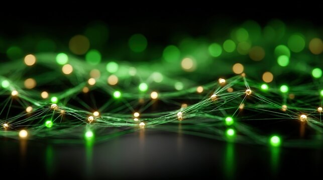 Abstract network with glowing green and gold nodes connected by lines on black. - Powered by Adobe