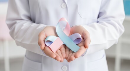Healthcare professional holding a pink and blue awareness ribbon, symbolizing support for various medical and social causes.