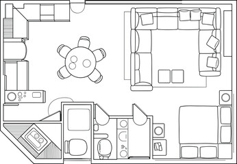 Small apartment floor plan, modern interior layout, one-bedroom home design, furniture top view, open living space, minimalist architectural blueprint