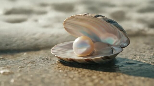 Open seashell with pearl on sandy surface coastal background