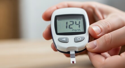 Close-up of hands holding a blood glucose meter displaying a reading of 124 mg/dL, illustrating diabetes management and monitoring.