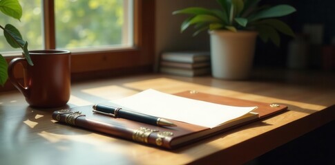 A leather-bound journal rests on a wooden surface, bathed in sunlight, accompanied by a pen and a mug, creating a serene atmosphere of contemplation and writing.