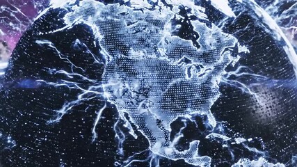 Digital globe with grid-like surface and electric streaks, surrounded by purple and clouds - Powered by Adobe