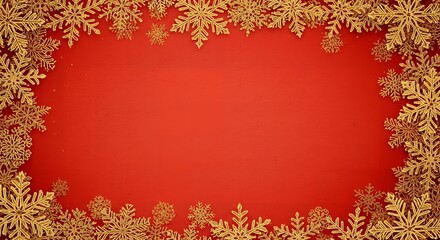 Luxurious red background framed by sparkling golden snowflakes, creating a festive and elegant Christmas or winter design template.