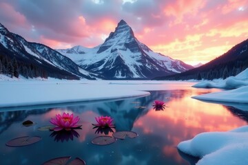 Obraz premium Serene Winter Sunset Landscape with Pink Water Lilies Blooming on a Frozen Lake and Majestic Mountain Peak in the Background