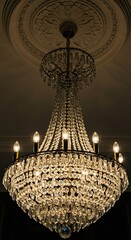 Ornate crystal chandelier shimmering with brilliant light, casting elegant reflections across a luxurious interior. A sophisticated ceiling fixture ,glow ,suspended ,classic