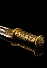 Ornate golden dagger featuring intricate carvings and a highly reflective surface, suggesting ancient wealth and ceremony ,sharp ,luxury ,medieval