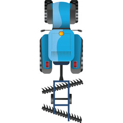 Blue tractor with agricultural equipment attached viewed from directly above with a transparent background